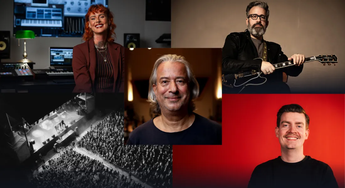 Die Neuzugänge auf der Online-Plattform ZeixDir! der Fachstelle Pop des Bezirks Schwaben: Jennifer Weist (links oben), Uwe Bossert, (rechts oben), Peter Schmidt (Mitte), Magnus Textor (rechts unten) und Maik Strübe (live, links unten)