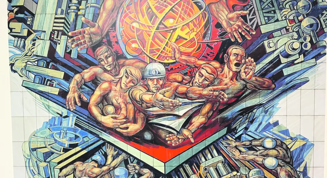 Die imposante Arbeit »Sonnensucher« von Andreas Kämper entstand im Rahmen der Kunstprojekte des Uranbergwerks Wismut. Sie ist Namensgeberin und Hingucker der Schau zu Kunst und Bergbau in der ehemaligen Baumwollspinnerei Zwickau.