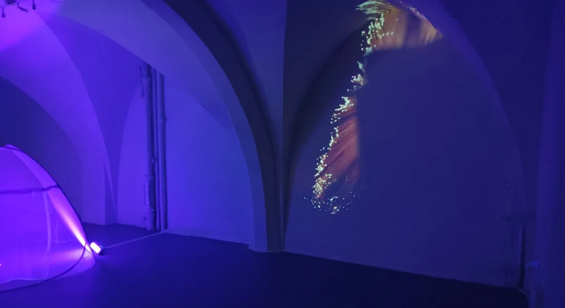 Gewölbe mit beleuchteter Installation und Videoprojektion