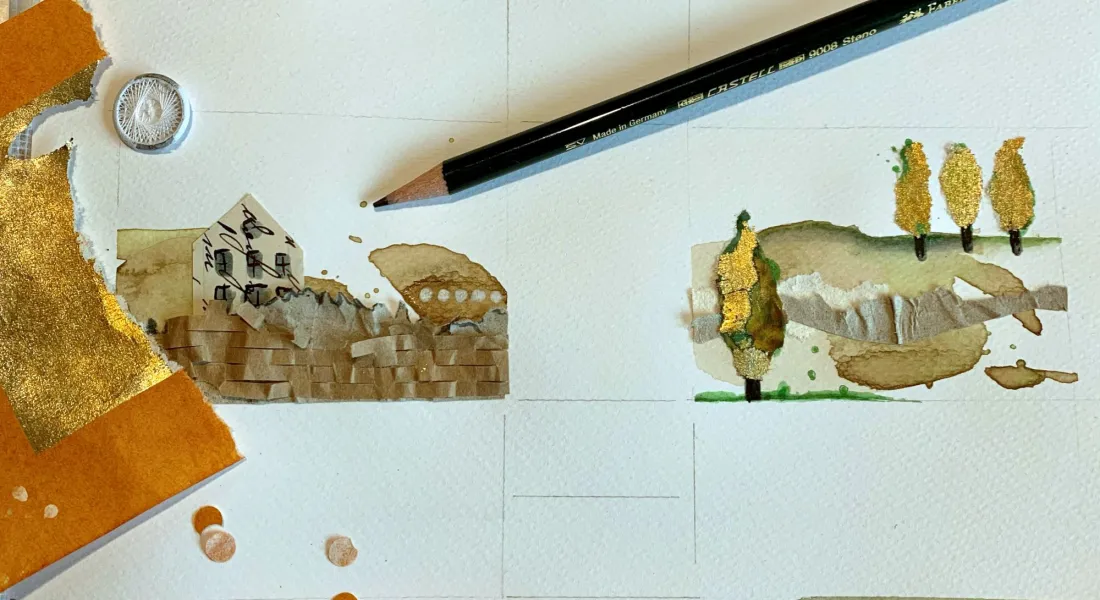 Übersicht mit sechs Landschaften in Aquarell und Collage Technik.