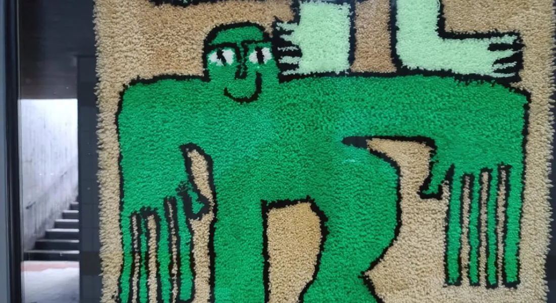 Materialbild (Frottee) in einem Schaukasten mit Treppenaufgang im Hintergrund