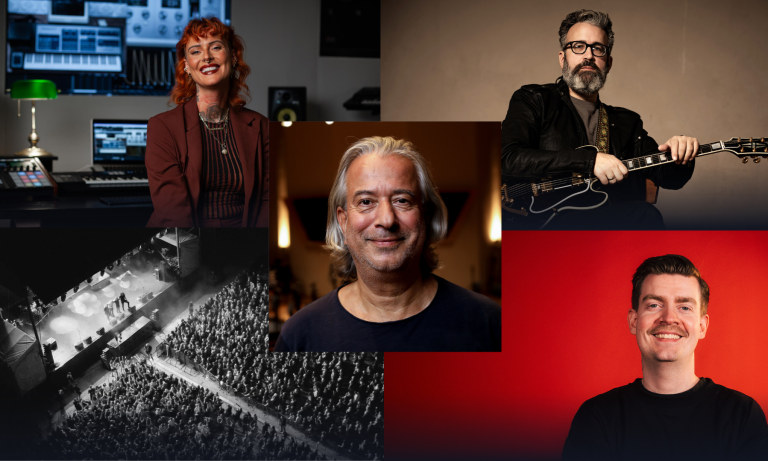 Die Neuzugänge auf der Online-Plattform ZeixDir! der Fachstelle Pop des Bezirks Schwaben: Jennifer Weist (links oben), Uwe Bossert, (rechts oben), Peter Schmidt (Mitte), Magnus Textor (rechts unten) und Maik Strübe (live, links unten)
