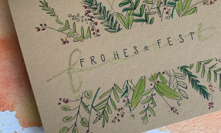 Postkarte mit Handlettering und weihnachtlichen Watercolour Motiv.