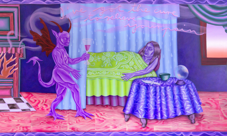 Banner von Marleen Rothaus in der Ausstellung »HEX« in der MEWO Kunsthalle, Memmingen