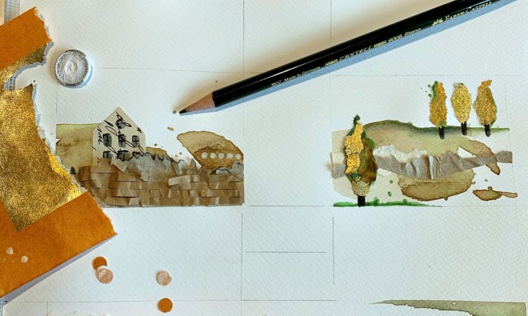 Übersicht mit sechs Landschaften in Aquarell und Collage Technik.