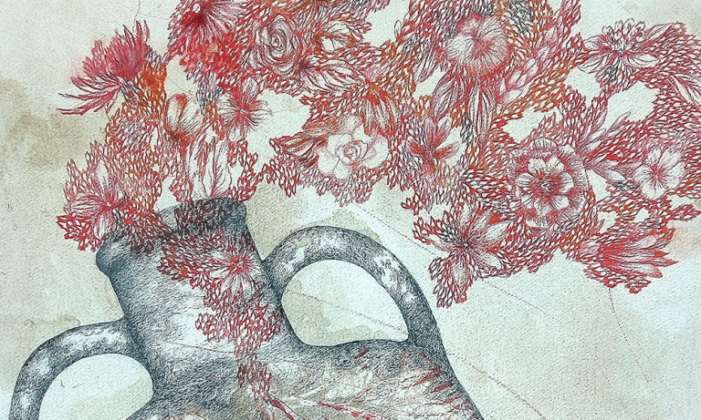 Viviane Michel, L-odeur-de-la-Rhubarbe, Bleistift und Walnusstinte auf Fabriano-Baumwollpapier, 60 X 40 cm, 2025, Fotograf: Viviane Michel